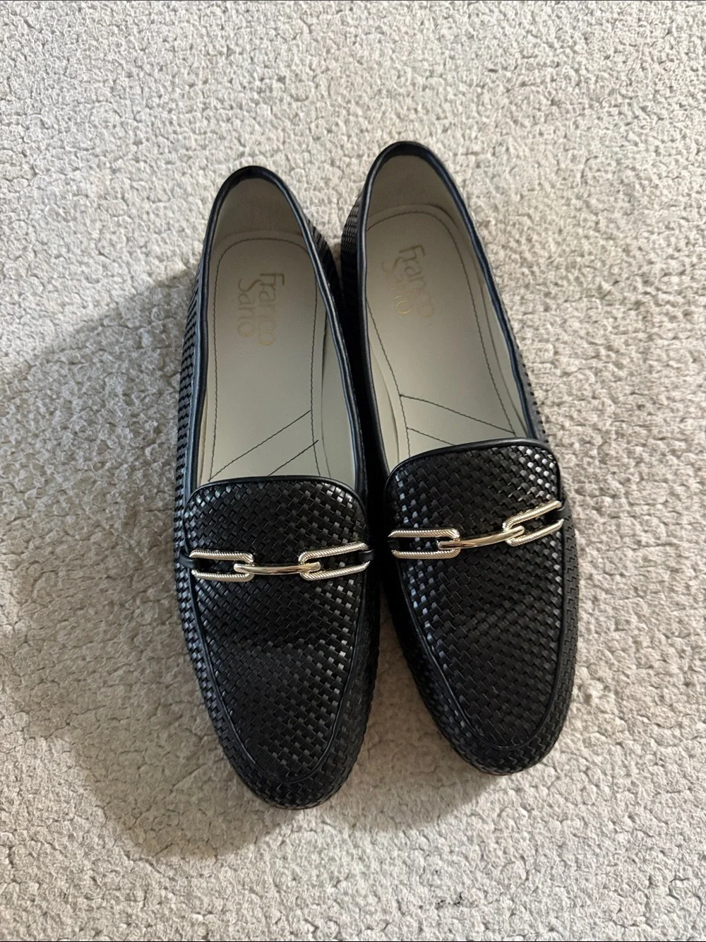 Franco Sarto Berola 2 Black Woven Leather Loafers with Silver Accent 10M